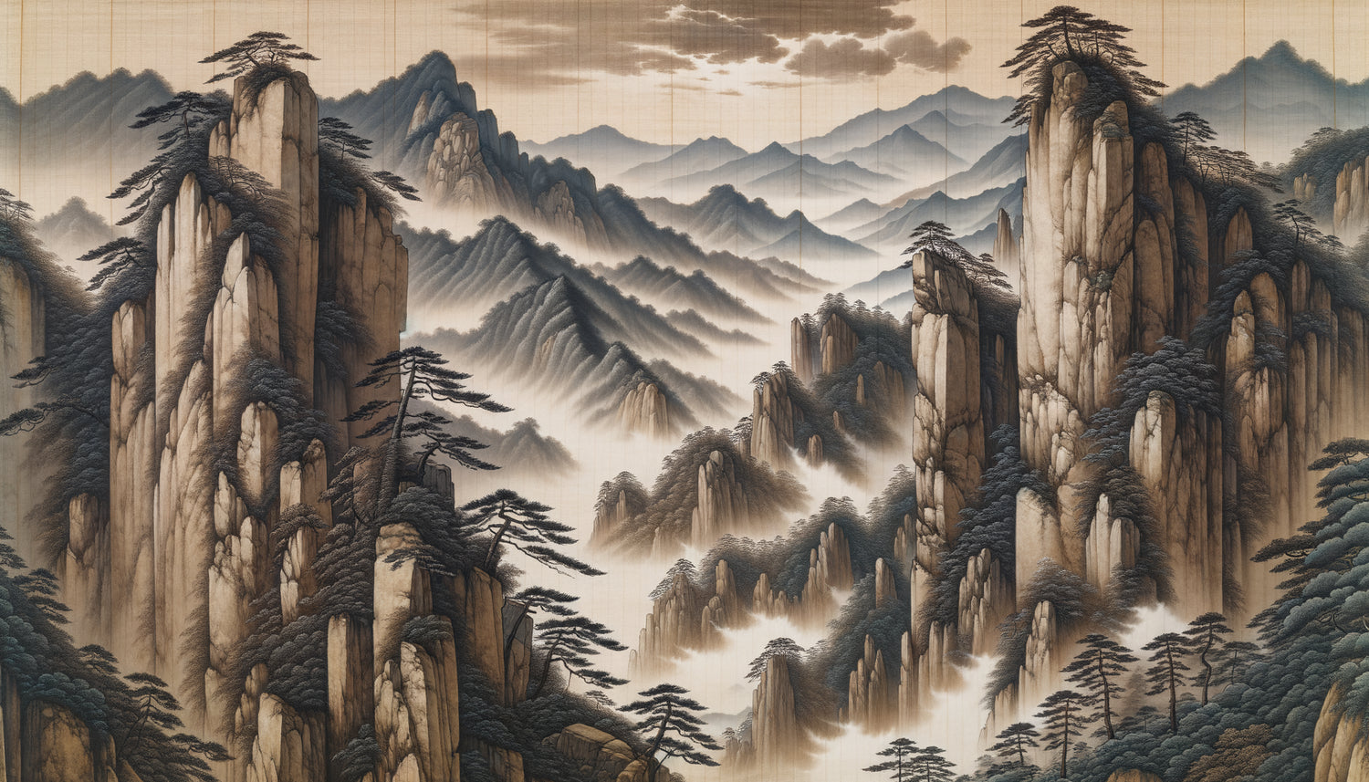 Peinture coréenne Joseon du 18ème siècle en style jingyeong, montagnes Geumgangsan en vraie vue authentique