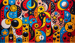 Détail d'une peinture murale dans le style de Joan Miró avec formes organiques colorées, étoiles et symboles ludiques caractéristiques