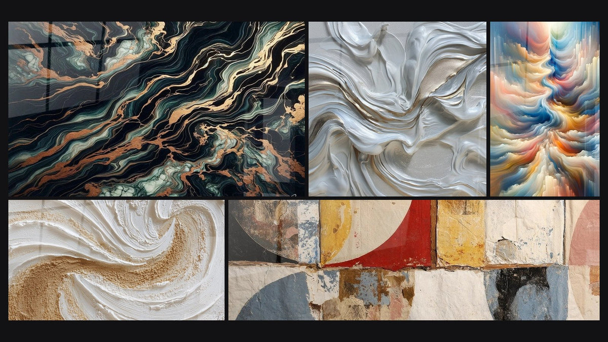 Mosaico de cinco cuadros, entre ellos Flujo Aurífero, Formas geométricas abstractas y Resonancia de Tonos Celestes