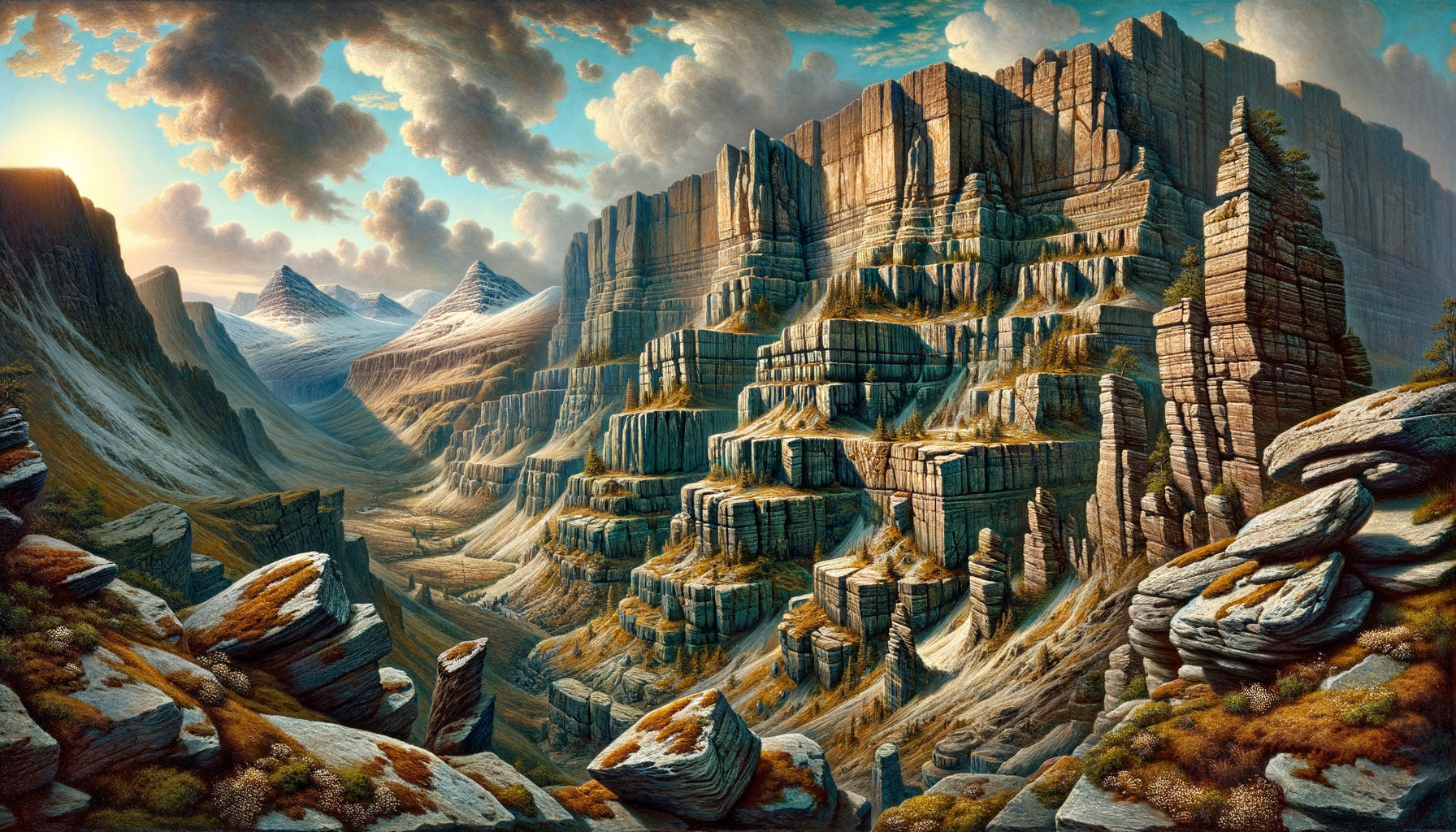 Peinture victorienne de falaise rocheuse montrant l'observation géologique rigoureuse prônée par John Ruskin, strates détaillées