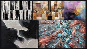 Mozaïek van vijf schilderijen, waaronder Stralende Netwerken en Abstracte gekleurde explosie