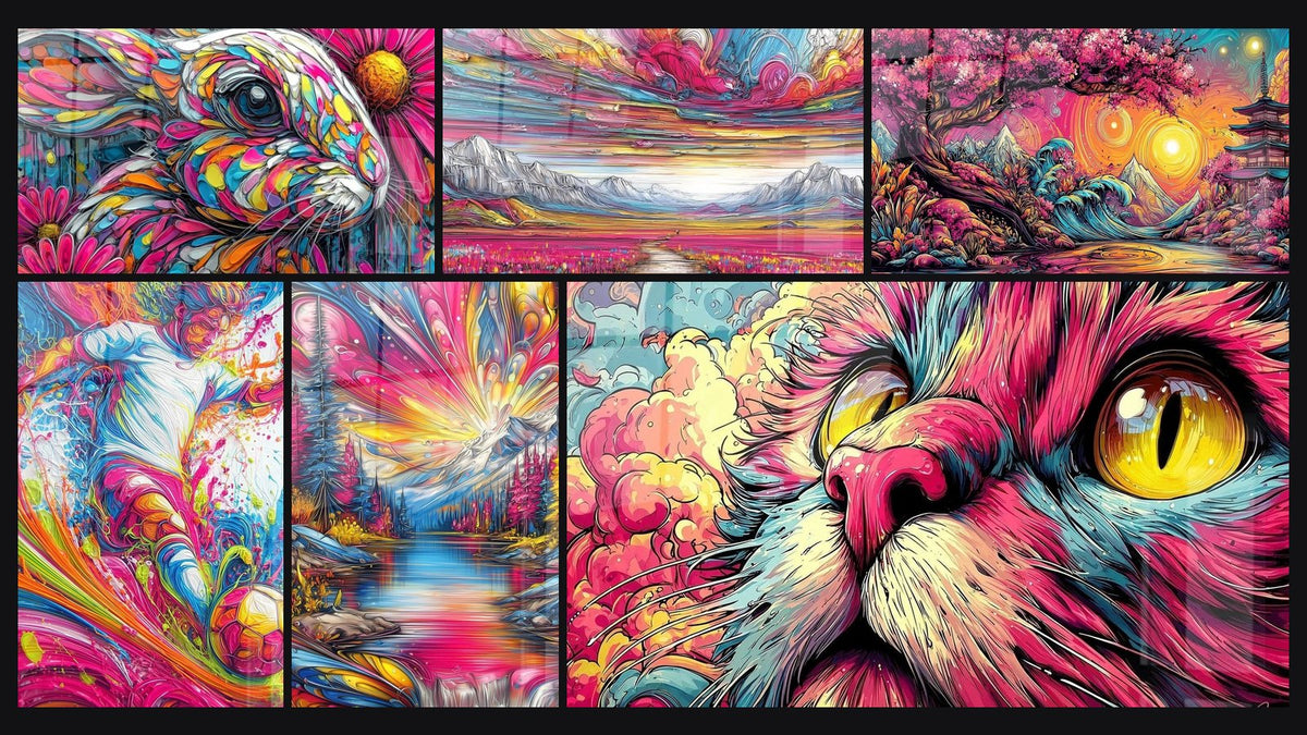 Mosaico di sei quadri, tra cui Con coniglio colorato, Astratta esplosione di colori e Paesaggio fantastico