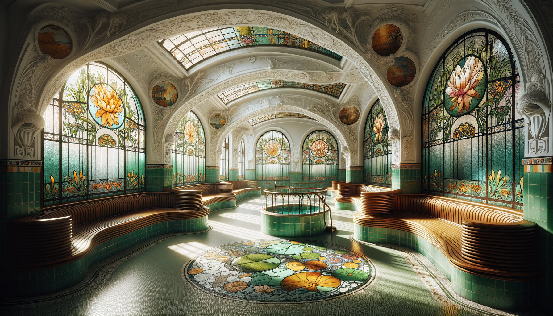 Intérieur de clinique thermale Jugendstil allemande 1905 avec vitraux floraux colorés et courbes organiques Art Nouveau