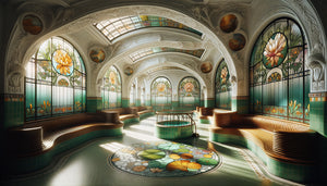 Intérieur de clinique thermale Jugendstil allemande 1905 avec vitraux floraux colorés et courbes organiques Art Nouveau