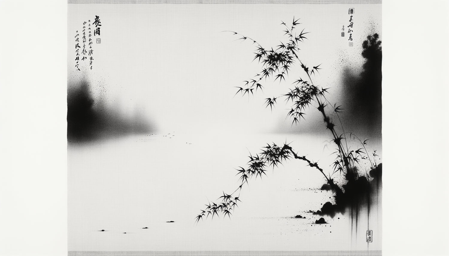 Kakémono japonais monochrome traditionnel illustrant le concept du ma avec vaste espace vide et branche de bambou à l'encre