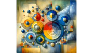 Composition abstraite géométrique style Kandinsky avec cercles apaisants, triangles dynamiques et carrés stabilisants pour art-thérapie