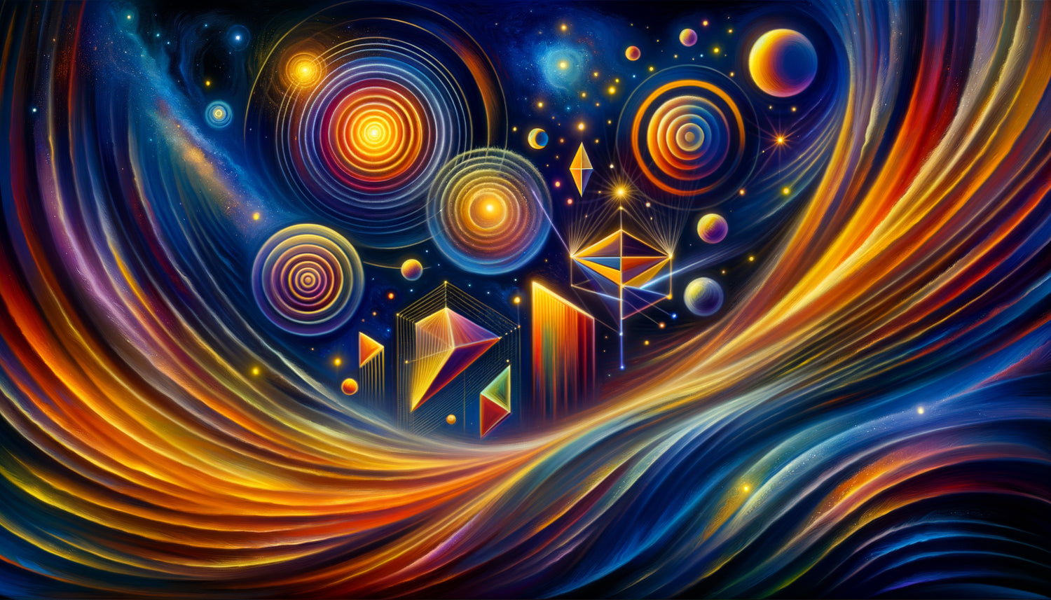 Composition abstraite dans le style de Kandinsky avec formes géométriques colorées émettant des vibrations cosmiques spirituelles