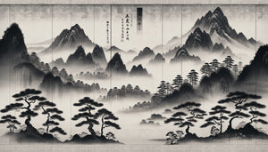 Peinture à l'encre zen de style Kanō Masanobu, XVe siècle, paysage montagneux minimaliste sur format fusuma