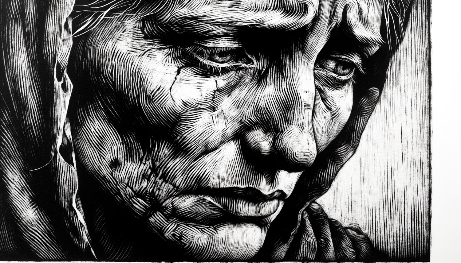 Gravure expressionniste style Käthe Kollwitz, visage de mère en deuil, noir et blanc contrasté, technique eau-forte années 1920