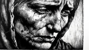 Gravure expressionniste style Käthe Kollwitz, visage de mère en deuil, noir et blanc contrasté, technique eau-forte années 1920