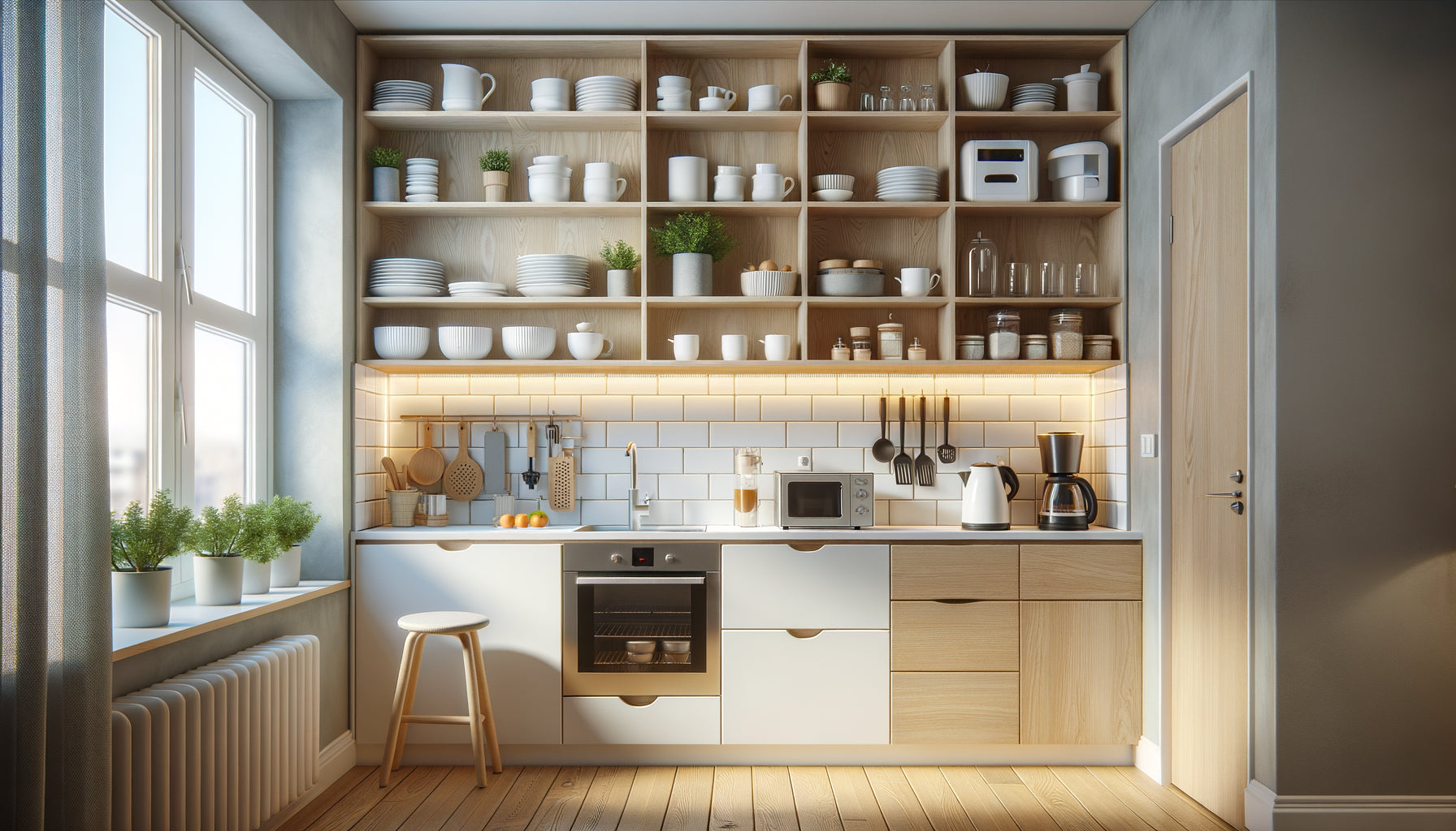 Kitchenette Airbnb moderne et fonctionnelle avec rangements verticaux, équipements essentiels et organisation optimisée