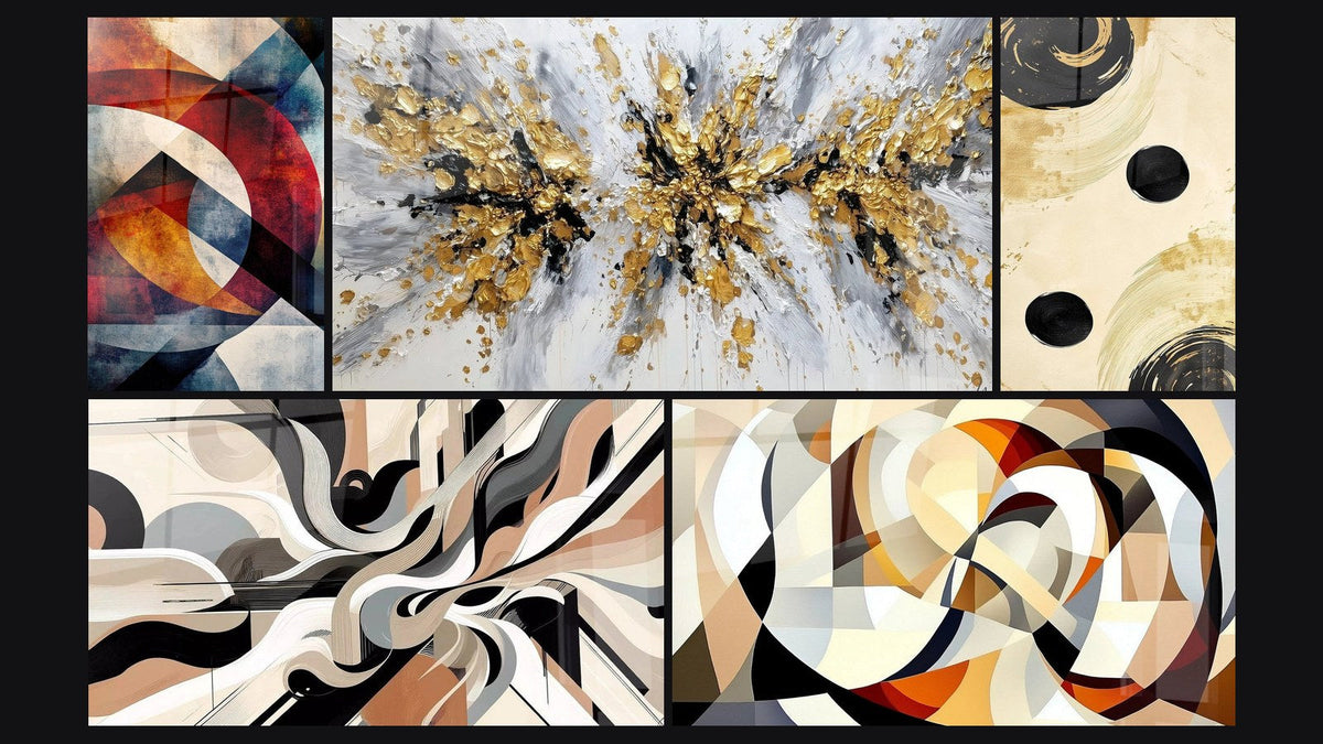 Mosaico di cinque quadri, tra cui Forme geometriche circolari di, Vibrazioni Grafiche e Forme circolari intrecciate di