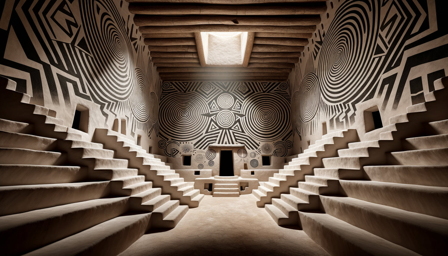 Intérieur de kiva pueblo avec peintures murales géométriques monochromes : escaliers cosmiques et spirales sur murs adobe