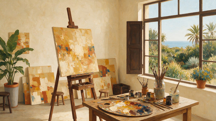 Un atelier de peintre baigné de lumière, avec un chevalet, des pots de peinture et des pinceaux près de grandes baies vitrées donnant sur un jardin.