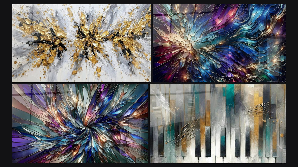 Mosaic of four paintings, including Stained Glass Splendor, Radiance Fractal and Rhythm of Colors