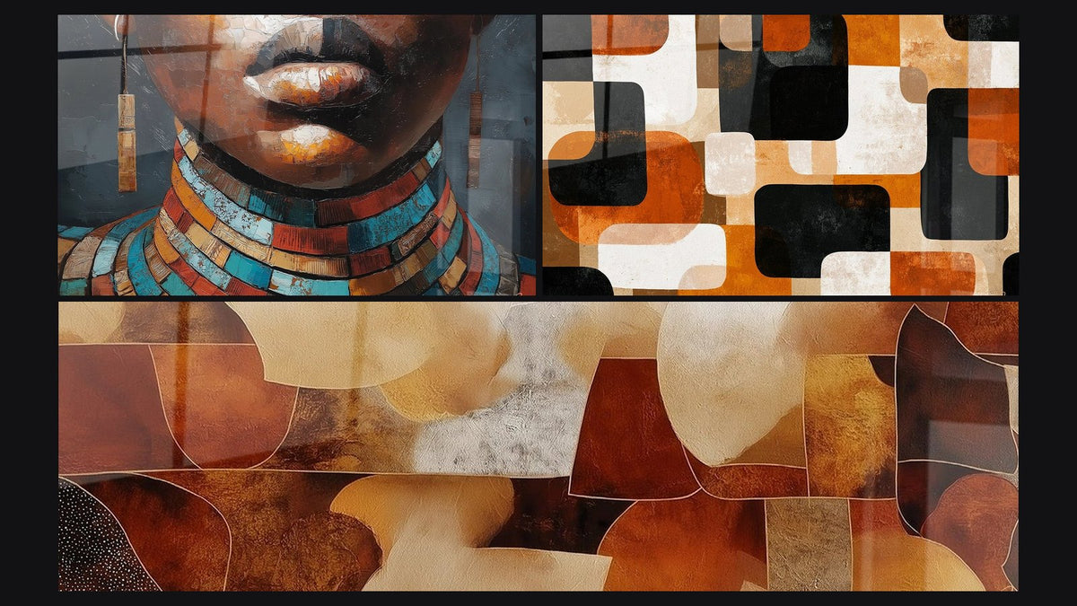 Mosaico di tre quadri: Collana femminile africana, Forme Geometriche di e Forme Geometriche Ocra e Bordeaux