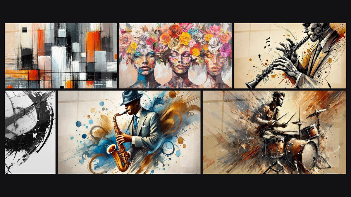 Mosaic of six paintings, including Mechanics of Colors, The Blooming Muses and The Break in Time