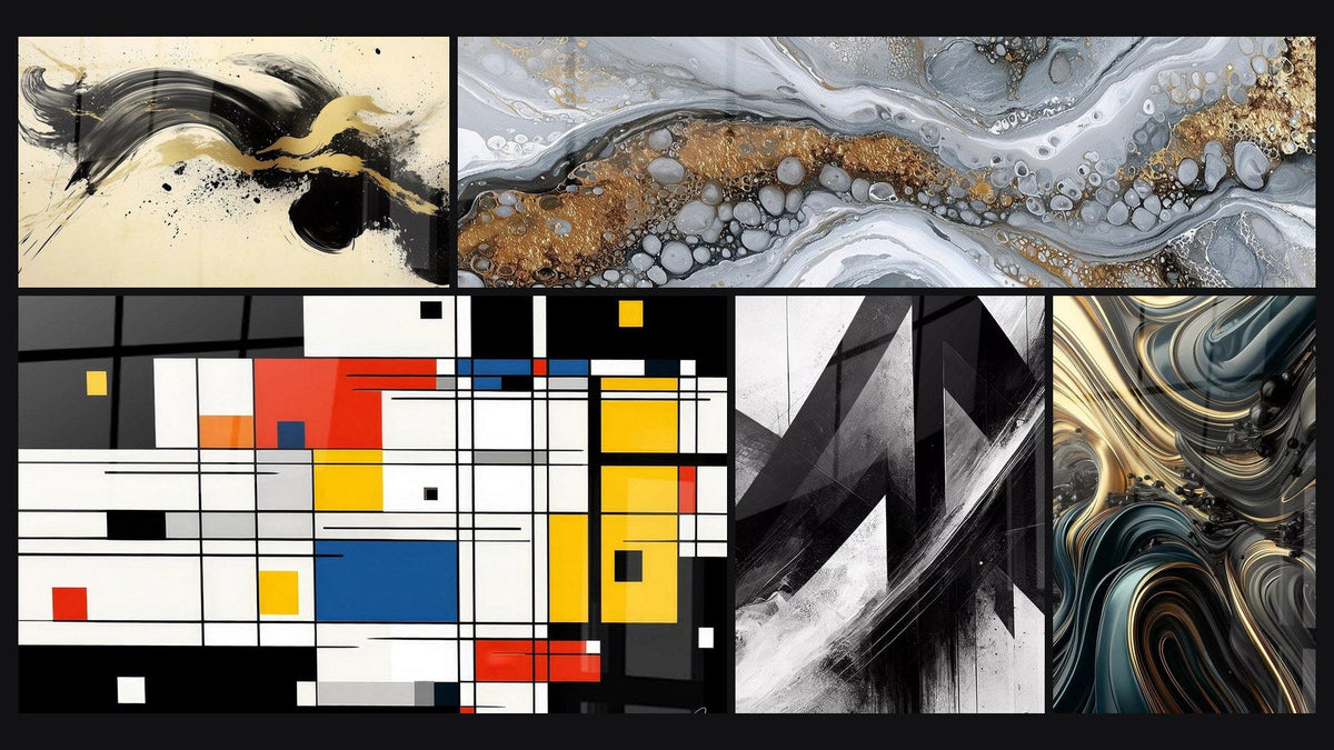 Mosaico di cinque quadri, tra cui Slancio Appassionato Nero, Composizione geometrica colorata di e Traiettorie Fratturate
