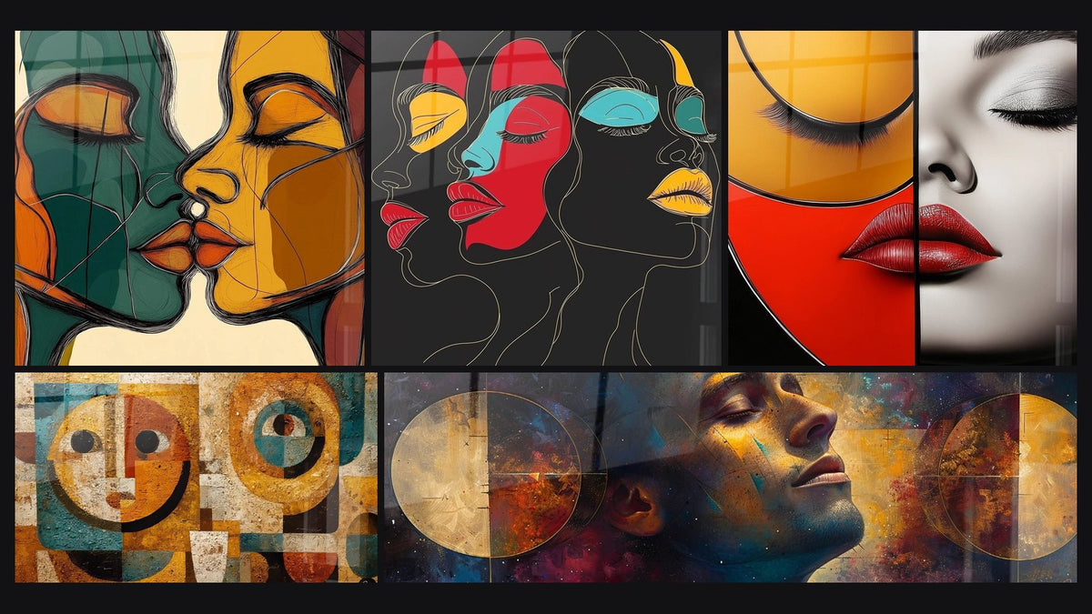 Mosaic of five paintings, including Intertwined Faces, African Faces Wall Art Shared Secrets and African geometric