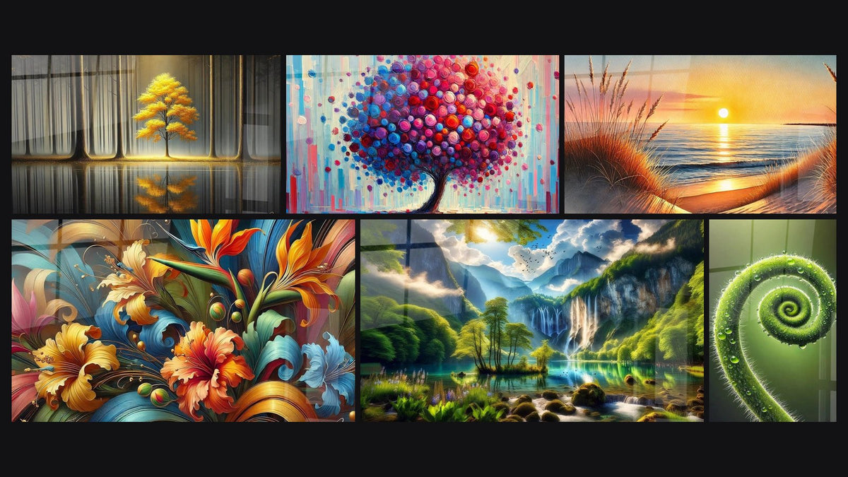Mosaïque de six tableaux, dont Tranquillité Éternelle, Arbre de Joie et Rhapsodie Botanique