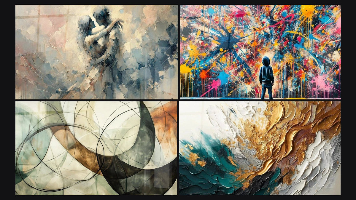 Mosaic of four paintings, including Between Us, The Invisible Bonds and Paint Bursts