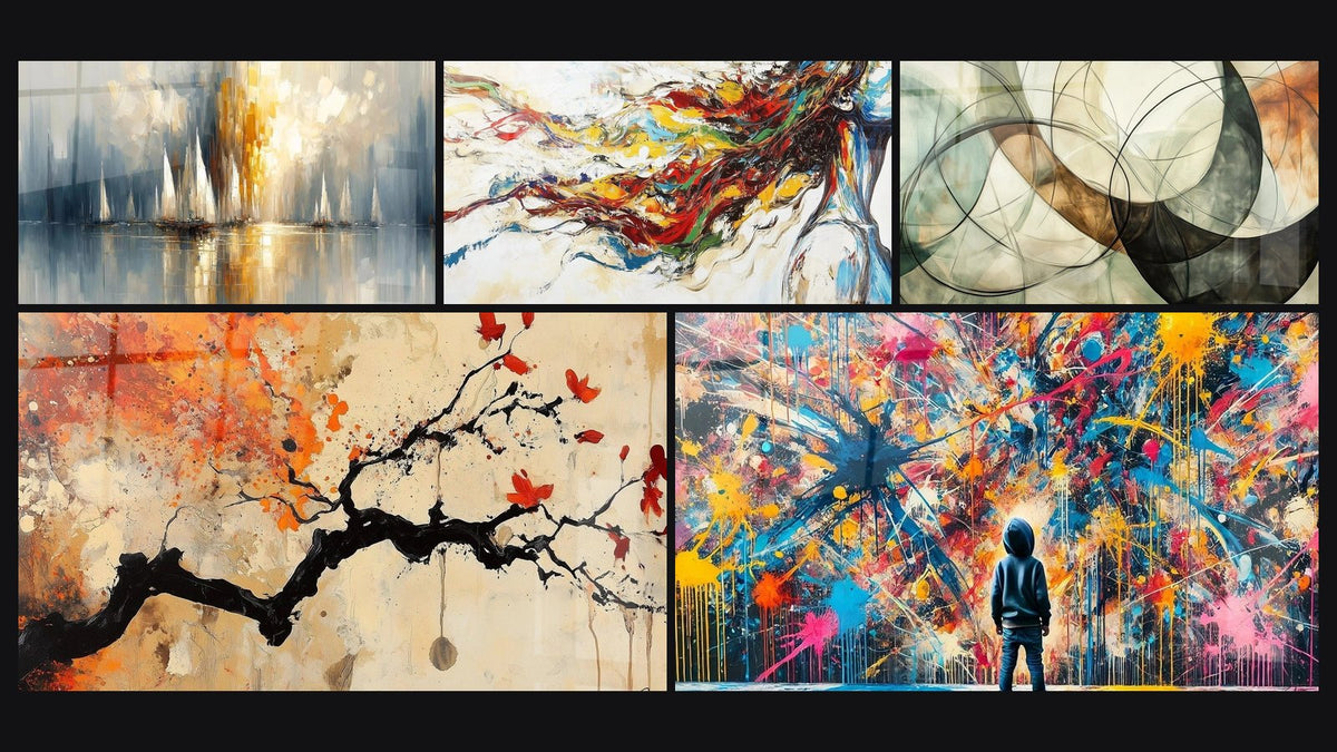 Mosaico di cinque quadri, tra cui Alba sulla Baia, Muse Moderna e I Legami Invisibili