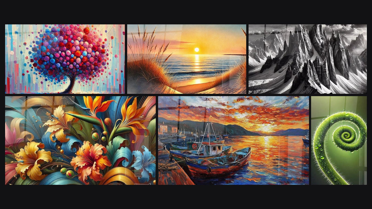Mosaic of six paintings, including Joy Tree, Botanical Rhapsody and When the Day Falls Asleep