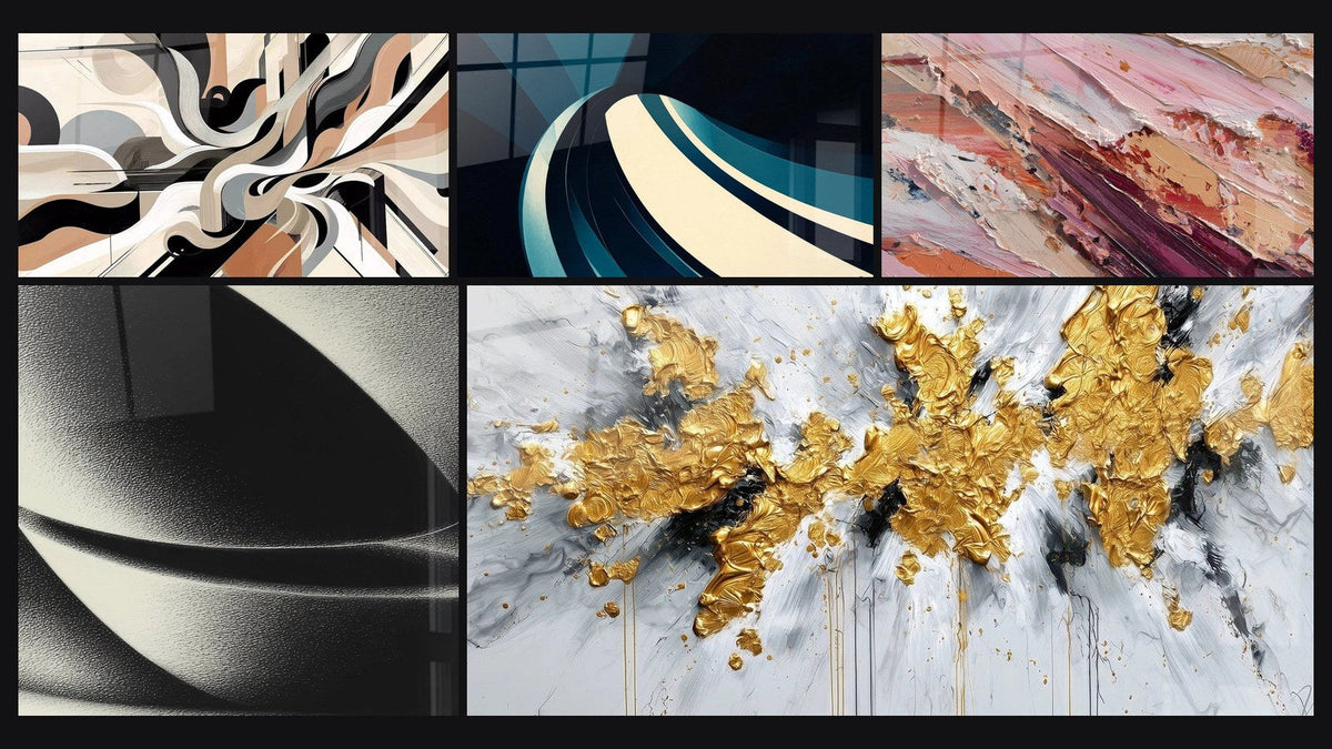 Mosaïque de cinq tableaux, dont Vibrations Graphiques, Sphère abstraite et Explosion dorée sur fond blanc et gris