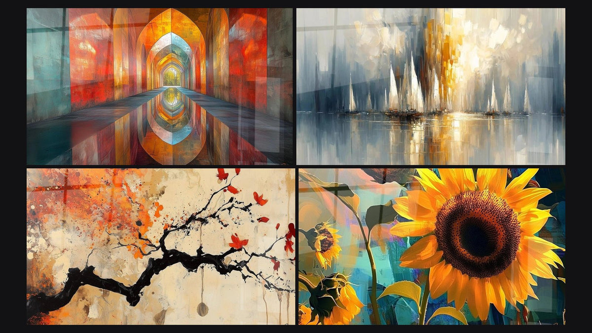 Mosaico di quattro quadri, tra cui Volte Cangianti Vermiglio, Alba sulla Baia e Girasole N°1