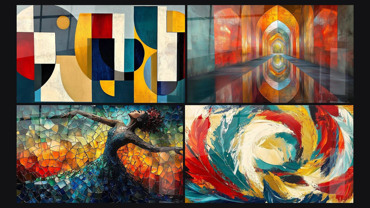 Mosaico di quattro quadri, tra cui Forme geometriche colorate di, Volte Cangianti Vermiglio e Danza Fuoco Liberatrice Rosso