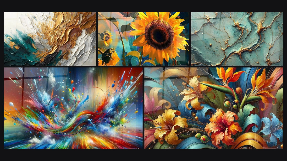 Mosaico di cinque quadri, tra cui Traccia in Oro e Giada, Big Bang Artistico Brillante e Girasole N°1