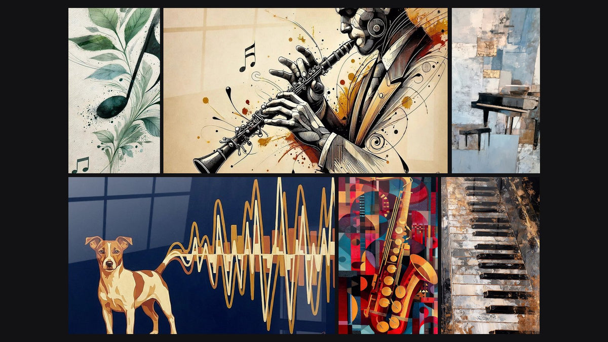 Mosaïque de six tableaux, dont Note de Musique N°1, Chien et Ondes Sonores et Clarinette N°1