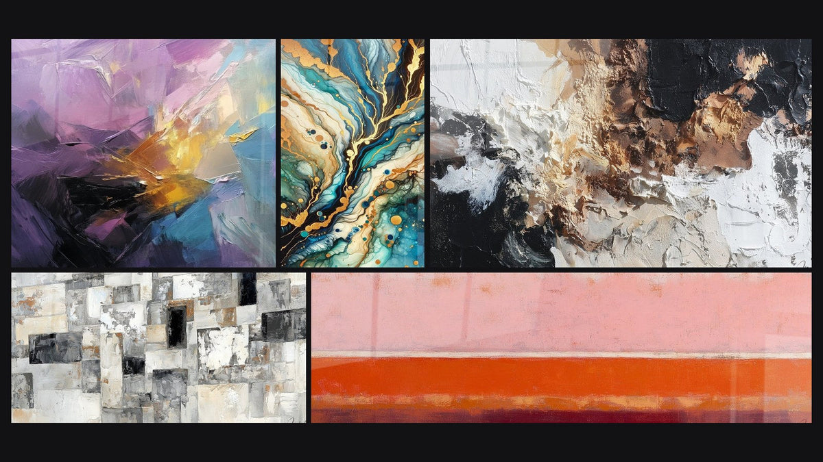 Mosaic of five paintings, including Abstract colorful explosion and Mineral Labyrinth