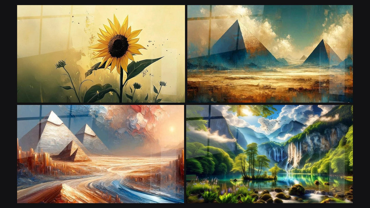 Mosaïque de quatre tableaux, dont Tournesol N°5, Les Mystères des Sables et Mirage Égyptien