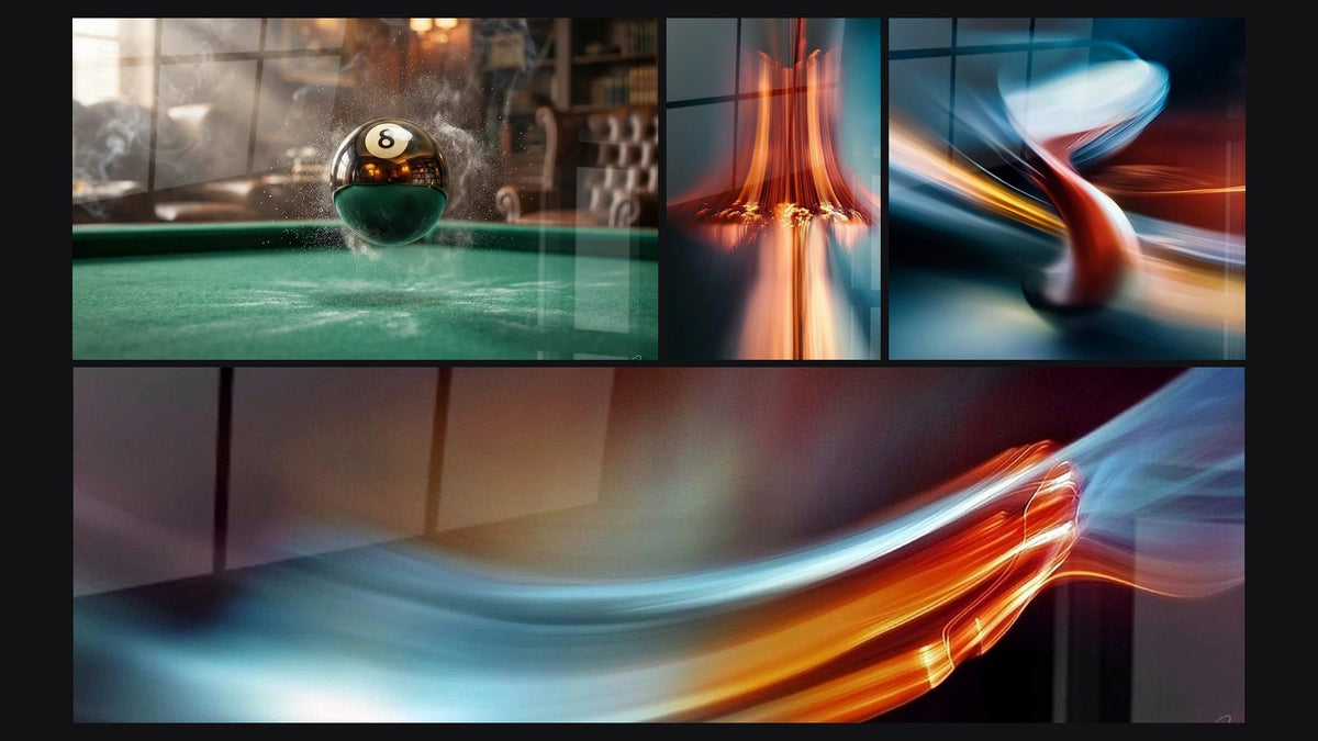Mosaic of four paintings, including Billiard Ball 8 in Motion, Abstract Light Flow and Light Cascade