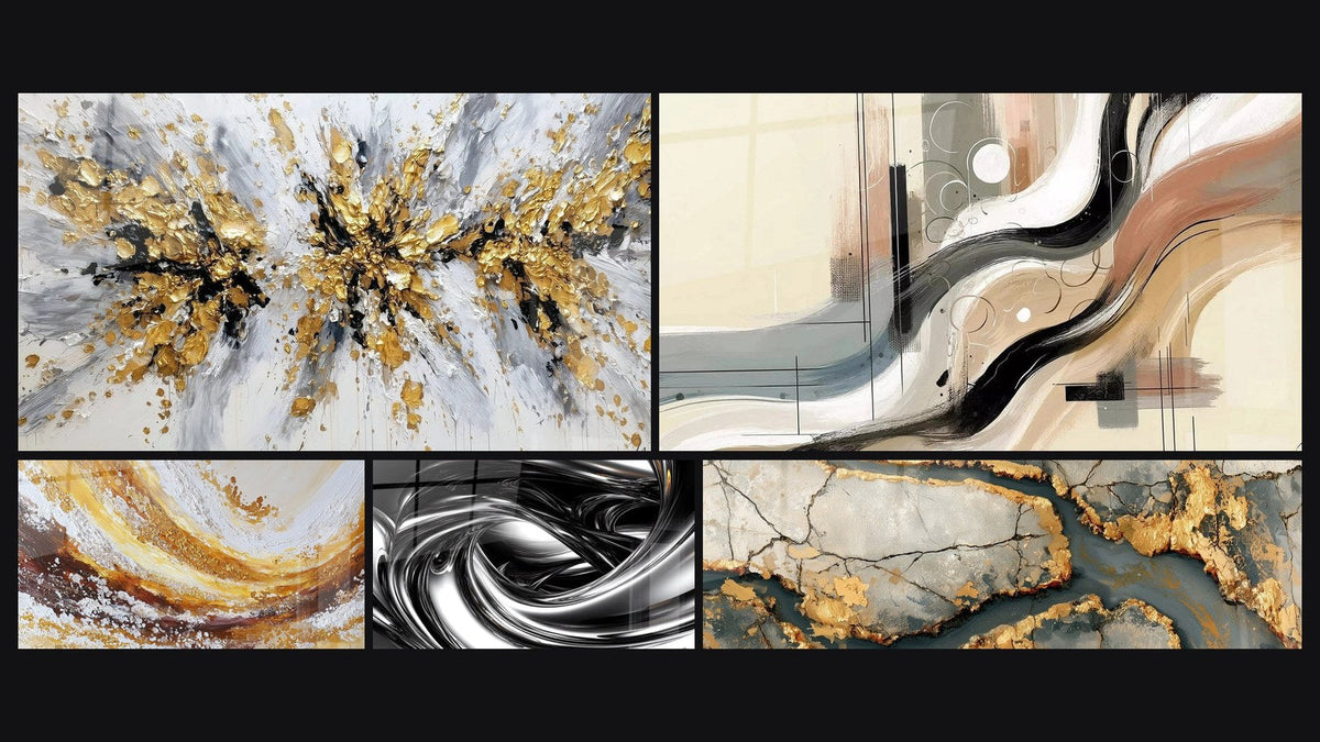 Mosaic of five paintings, including Sillage Abstract, Metallic Whirlpool and Golden Veined Marble