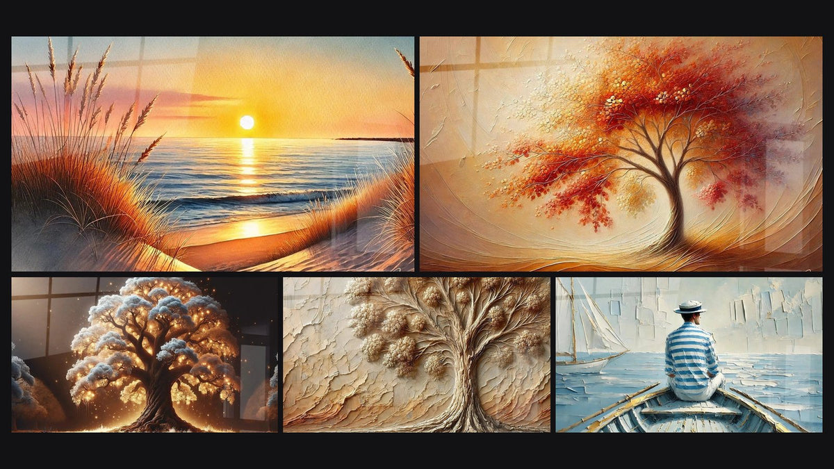 Mosaic of five paintings, including When the Day Falls Asleep, Tree of Life Zen Dance of Seasons and Night Tree