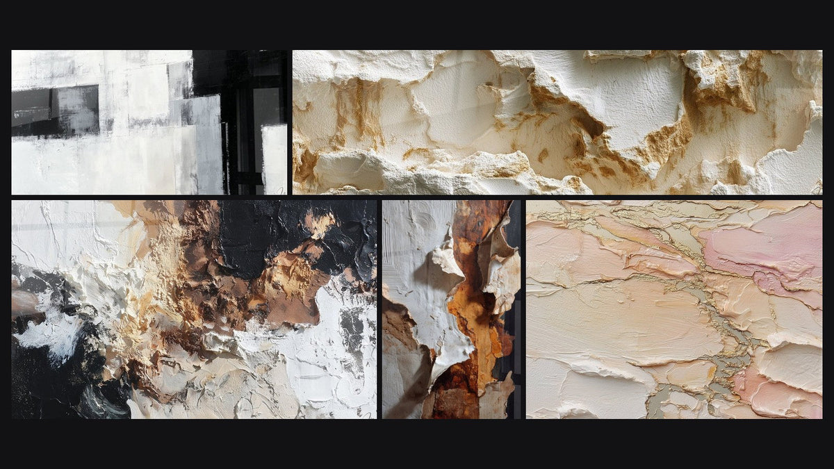 Mosaic of five paintings, including Eroded White Texture with Sculpted Reliefs and Abstract textured blush gold beige