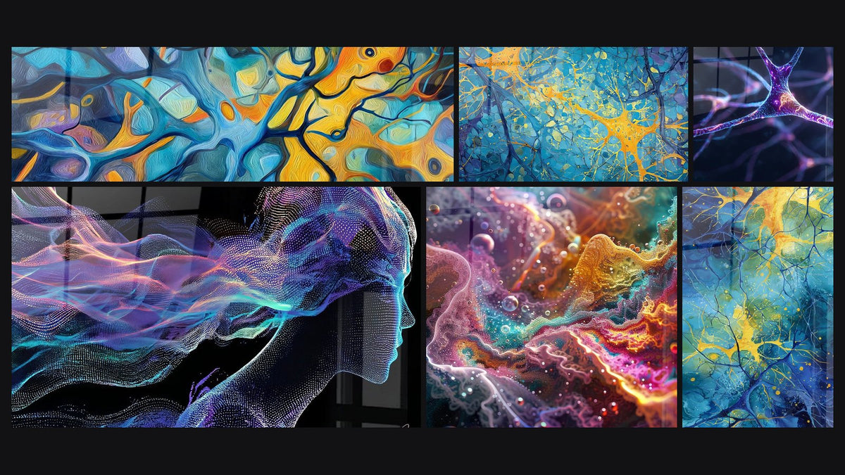 Mosaic of six paintings, including Abstract Neural Network, Neural Network and Luminous Neuron