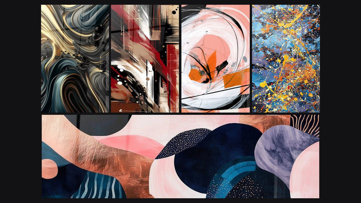 Mosaic of five paintings, including Opulent Undulations, Structured Disorder Abstract and Undulating Symbiosis Coral