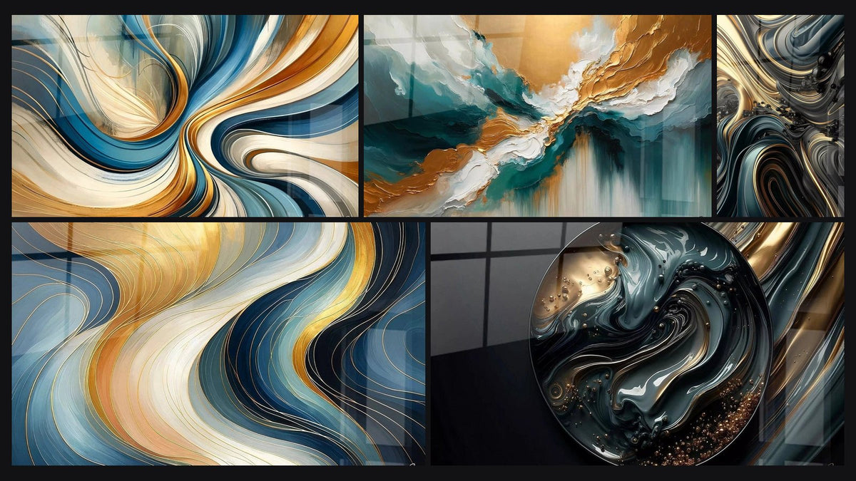 Mosaïque de cinq tableaux, dont Spirales Élégantes, Vagues en Or et Bleu et Lumière des Abysses
