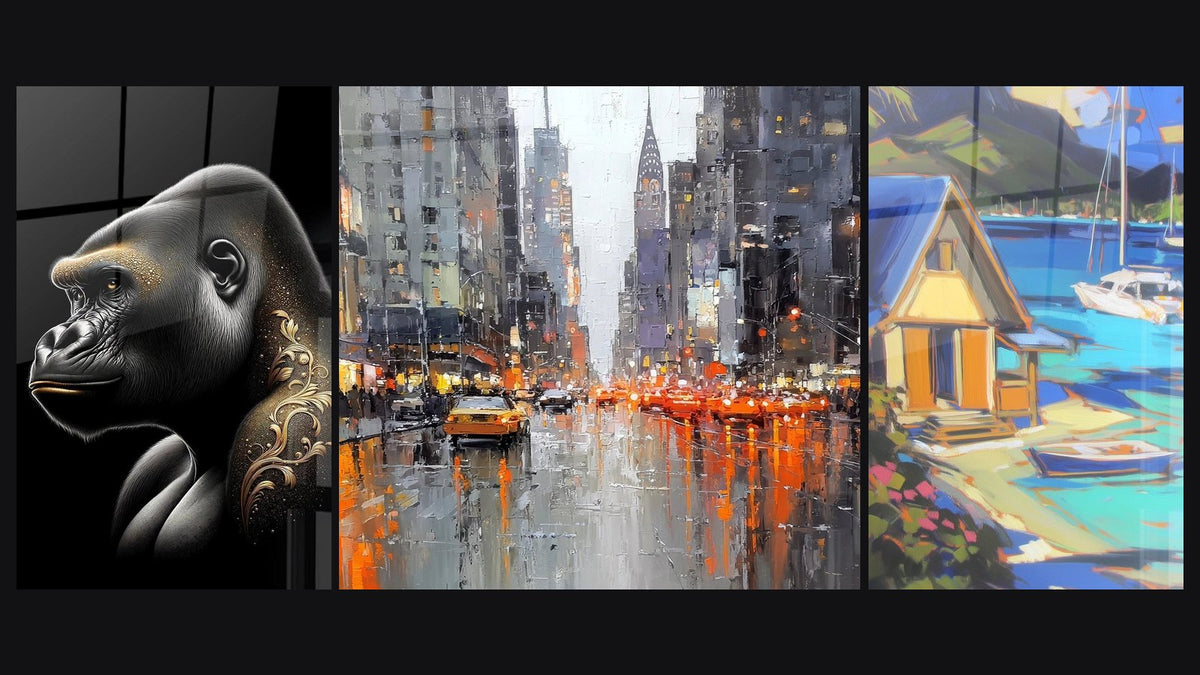 Mosaïque de trois tableaux : Noblesse Dorée du Gorille, Rue new-yorkaise sous la pluie et Maison tropicale