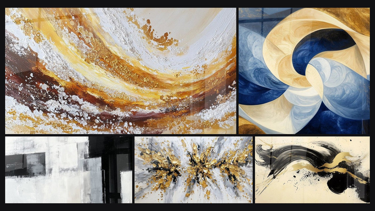 Mosaïque de cinq tableaux, dont Explosion dorée et grise sur fond blanc, Élan Passionné Noir et Souffle Divin Blanc