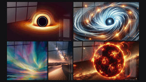 Mosaïque de cinq tableaux, dont Forge de l'Univers, Espace N°6 et Paysage marin