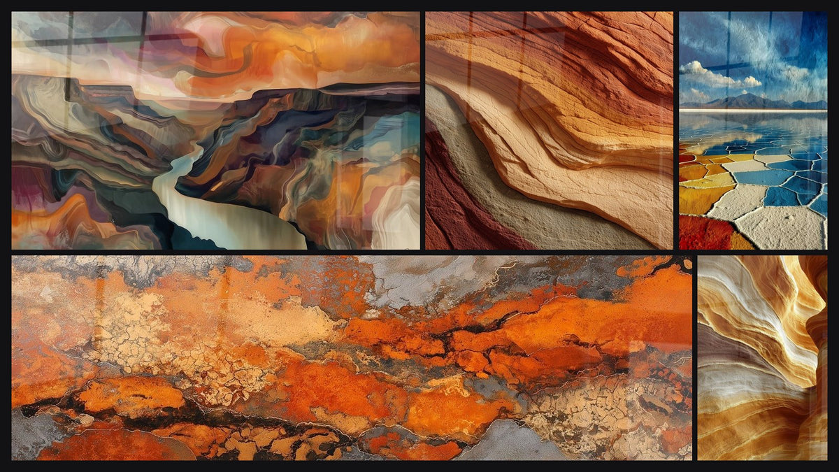 Mosaico de cinco cuadros, entre ellos Formaciones rocosas abstractas y Formaciones geológicas coloridas