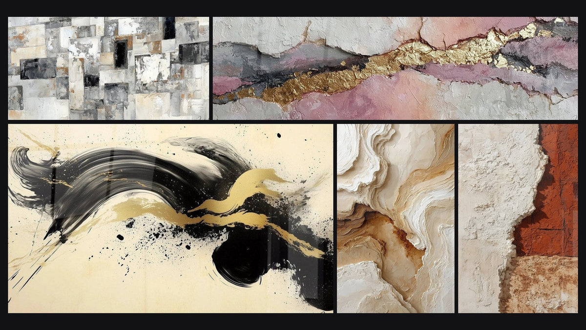 Mosaïque de cinq tableaux, dont Abstrait Mosaïque Grise et Beige, Élan Passionné Noir et Abstrait Texturé Beige et Ocre