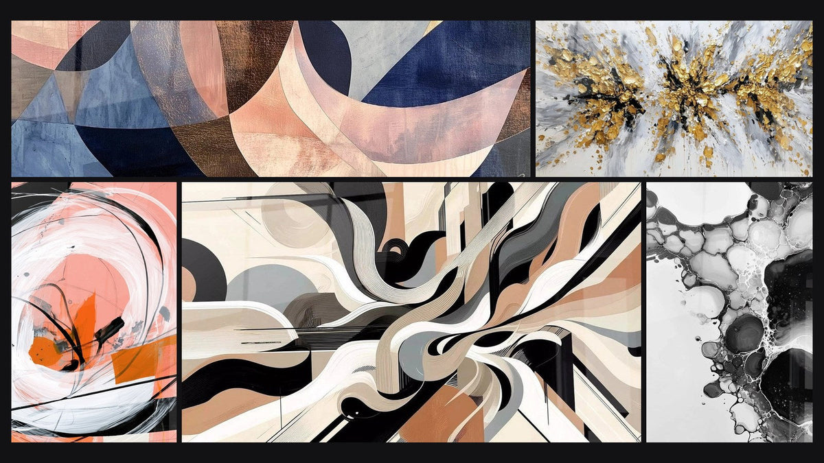 Mosaïque de cinq tableaux, dont Fusion Arcs Gracieux Terracotta et Spirale blanche et corail aux traits noirs