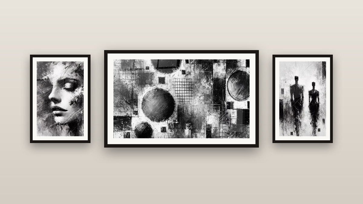 Gallery wall with three framed paintings: Fragmented Reflection, Walk in the Shadow and Mechanical Chaos
