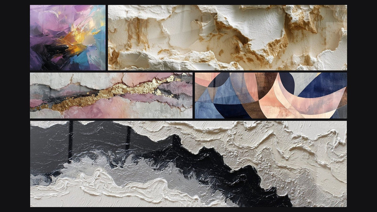 Mosaic of five paintings, including Abstract colorful explosion and Eroded White Texture with Sculpted Reliefs