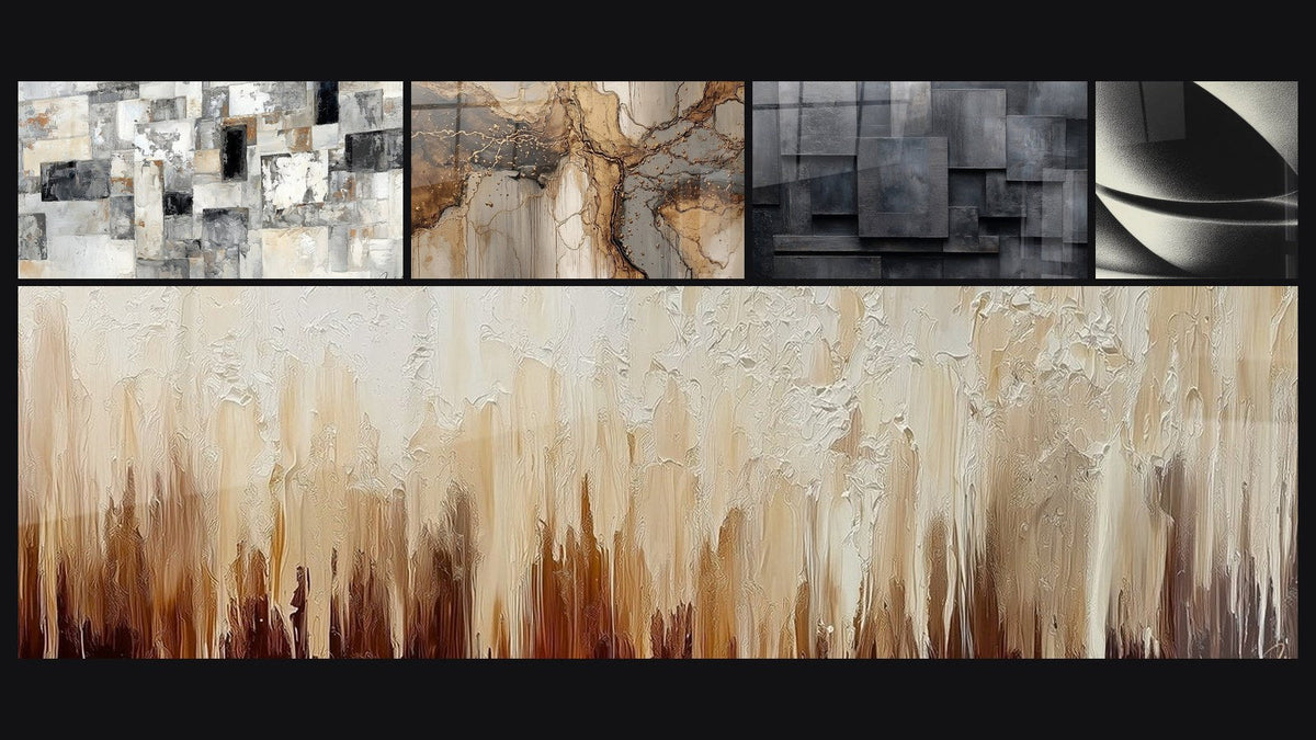 Mosaico di cinque quadri, tra cui Astratto Mosaico Grigio e Beige e Sfera astratta
